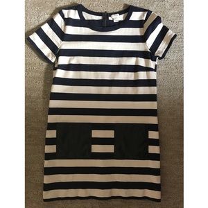 J. Crew Navy Striped Sheath Dress Leather Pockets